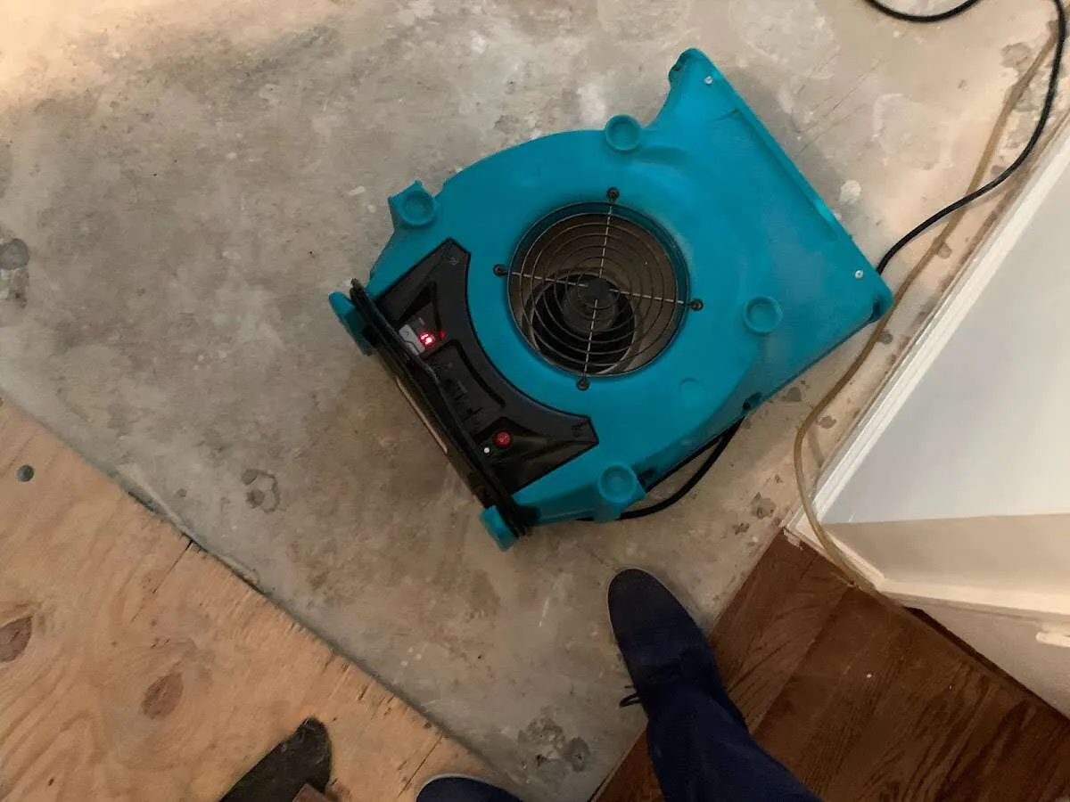 Air mover drying subfloor during Leak Detection & Repair in Rialto
